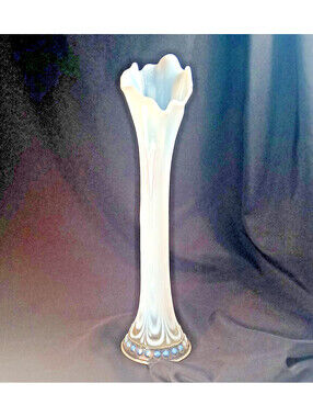 Antique Northwood Jewels and Drapery White Opalescent Swung Glass Vase 15"